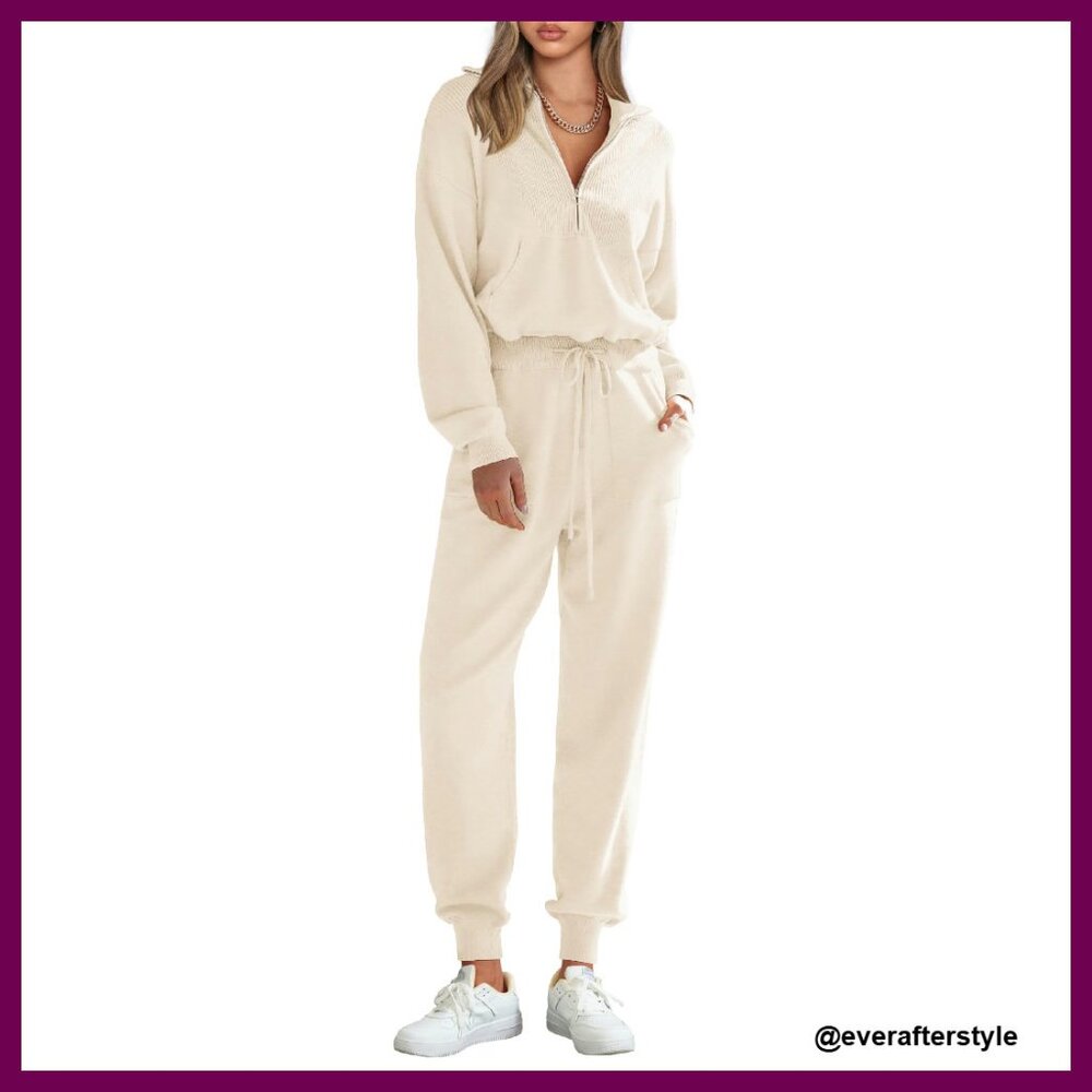 Two Piece Sweater Set Zip Up Pullover Jogger Sweatpants Casual Chic Outfit